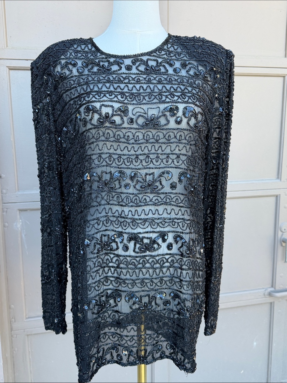 Stenay Black Beaded Sheer Long Sleeve Top